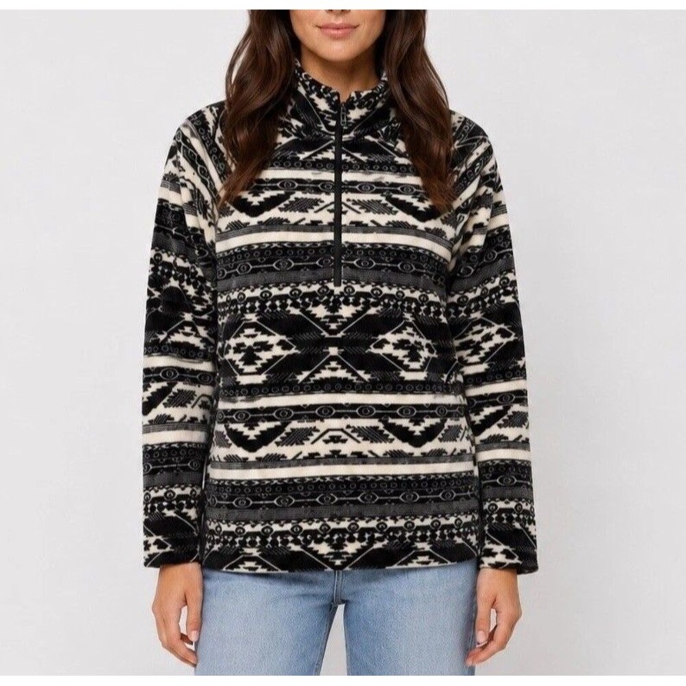 Eddie Bauer Womens XL Southwestern Aztec Fleece 1/4 Zip Pullover Black Cream